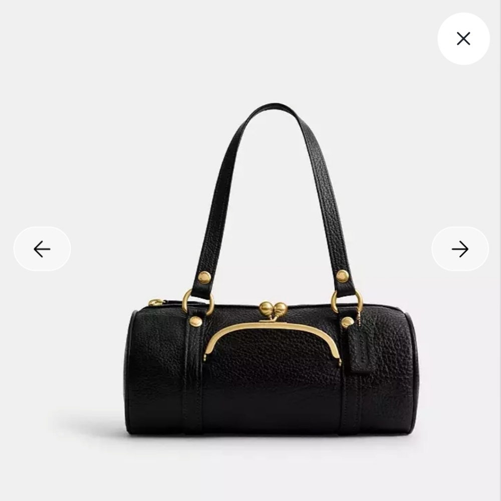Coach, Kisslock Barrel Bag, Black Leather / Brass Hardware